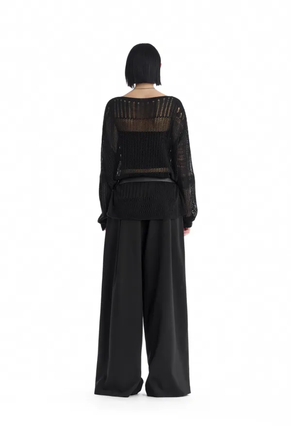 Cut-Out Mesh Knit Pullover [ Black ]