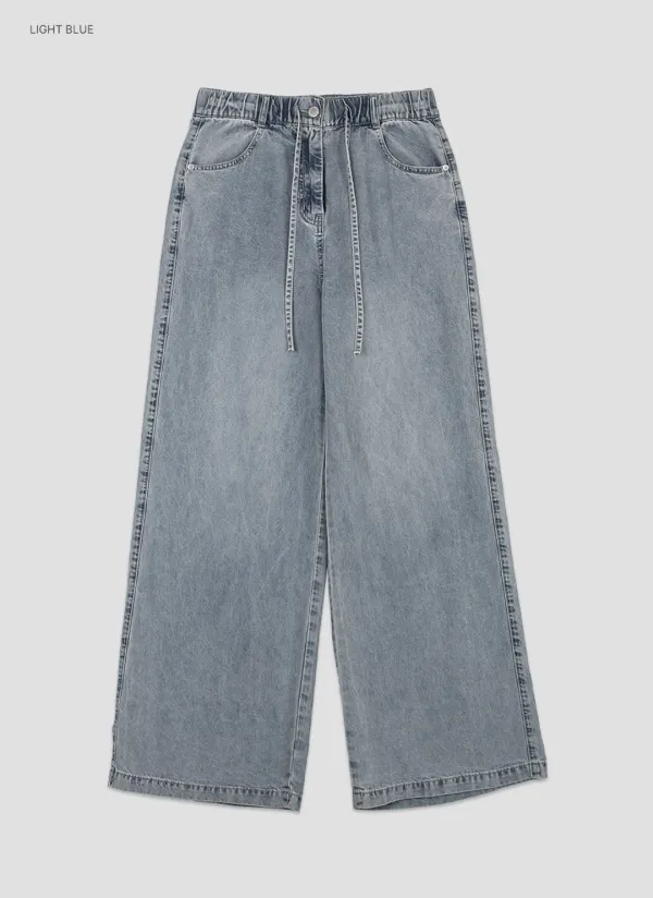 (PT-5775)FLUID WIDE DENIM BANDING PANTS