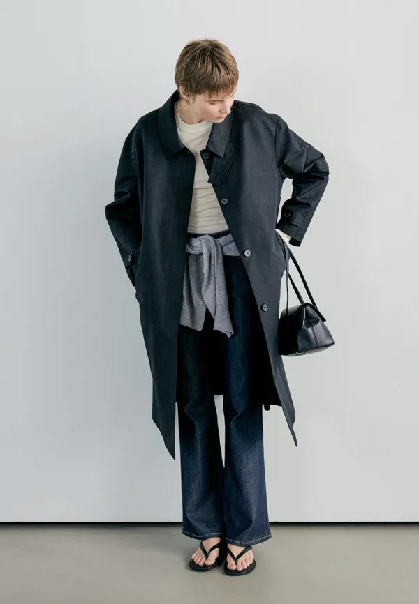 HIDDEN BUTTON TRENCH COAT - BLACK