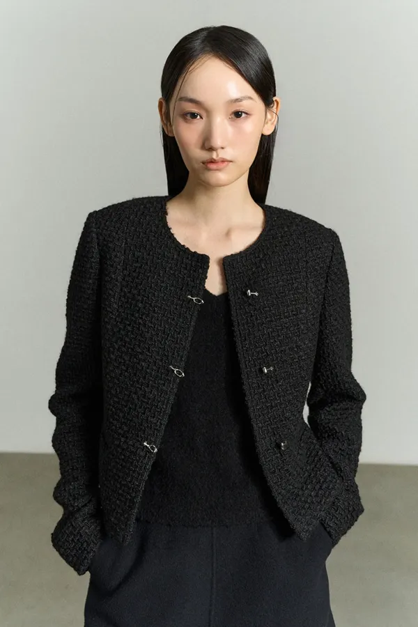 WOOL BLEND TOGGLE-FASTENING TWEED JACKET BLACK