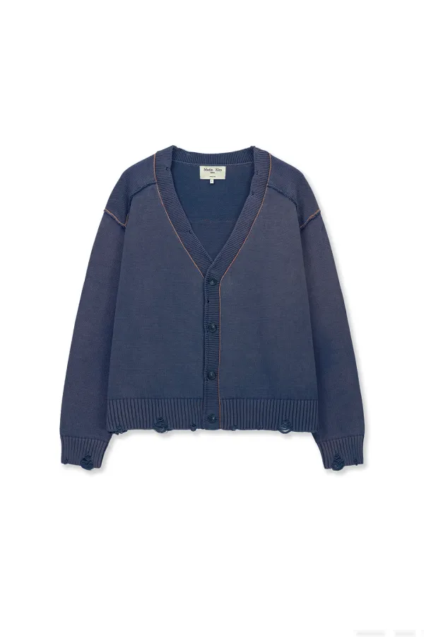 BACK LOGO LINE POINT KNIT CARDIGAN IN SMOKE BLUE