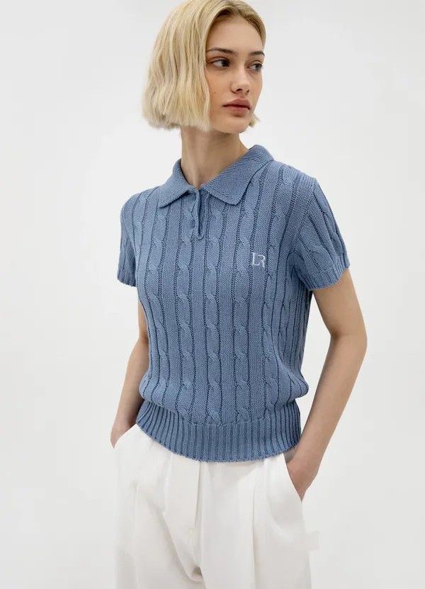 Linen Collar Cable Knit - Sky Blue