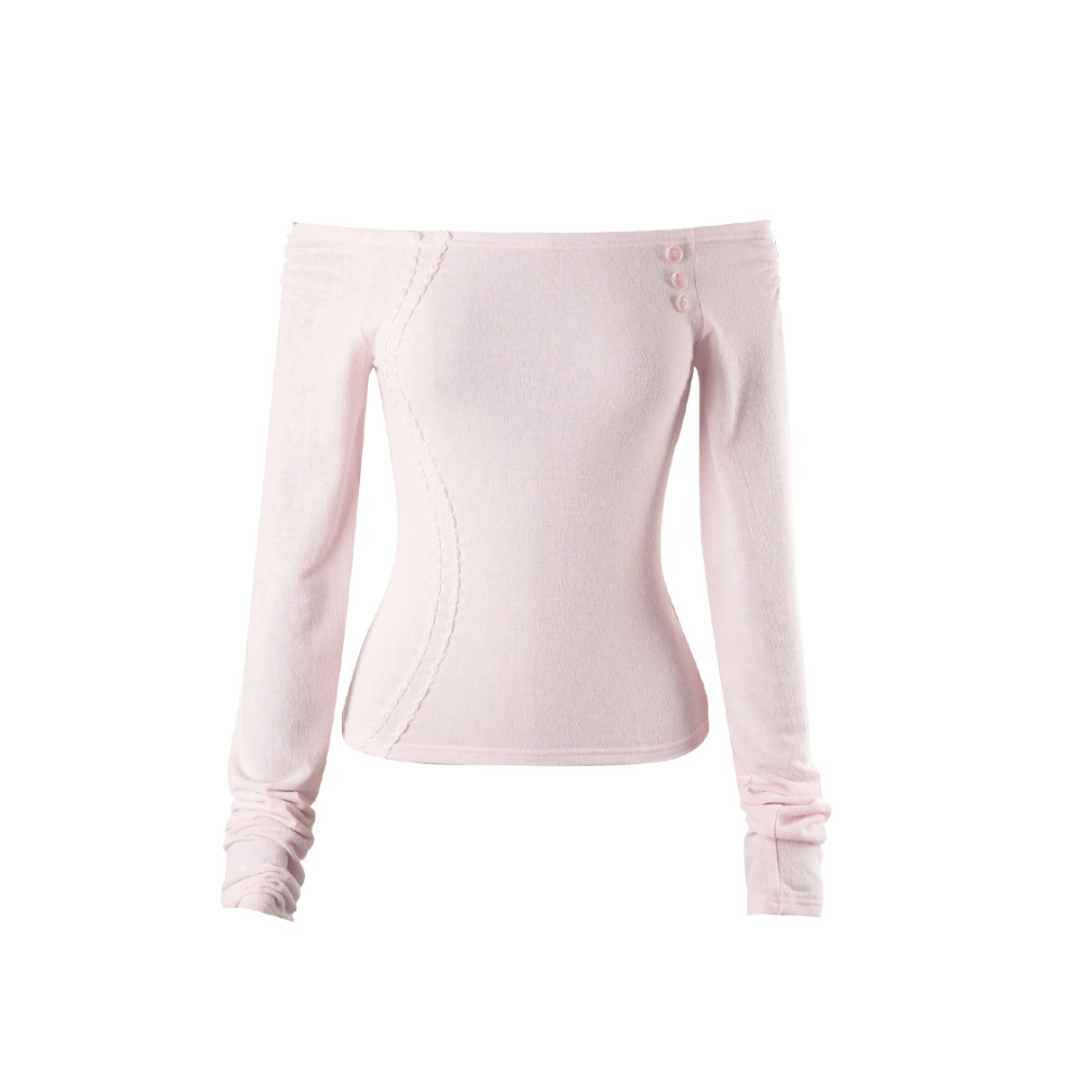 Curve Button Off-Shoulder Tee [Pink]