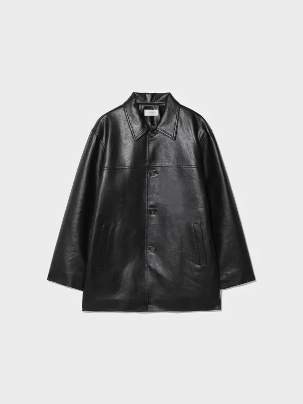 Padded Leather Long Jacket_Black
