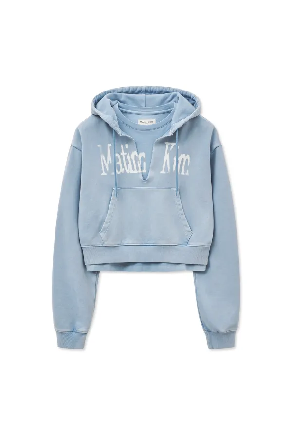 WASHED LAYERED CROP HOODY IN SKY