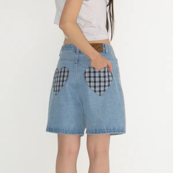 [M size_6/10 순차배송] CHECK HEART POCKET DENIM SHORTS PANTS LIGHT BLUE