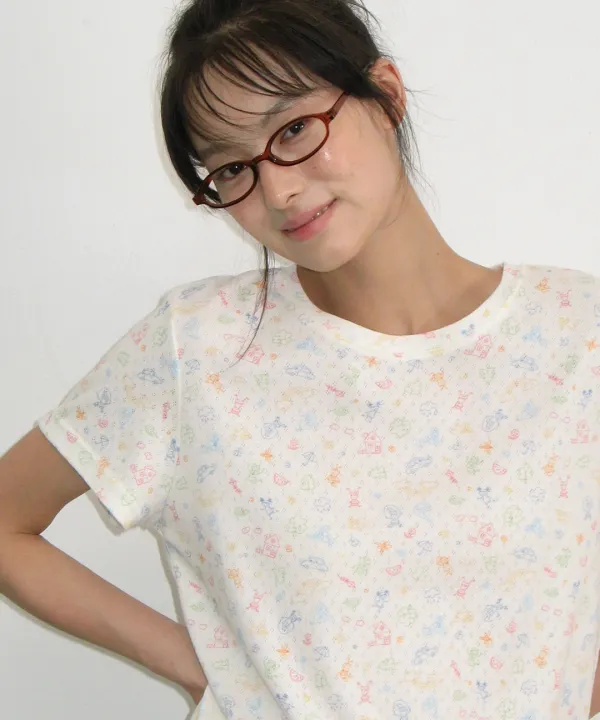 DRAWING EYELET HALF SLEEVE T SHIRT IVORY