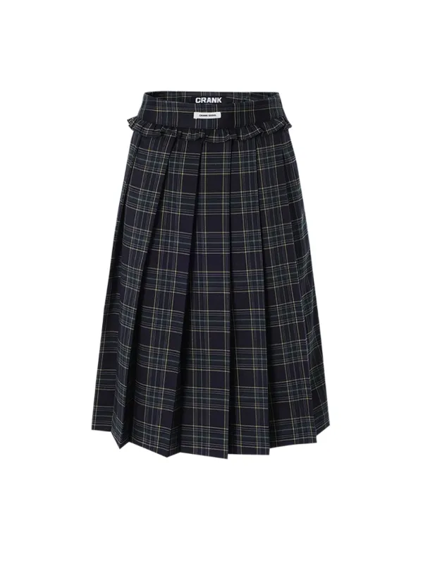 CHECK FRILL PLEATS MIDI SKIRT_NAVY