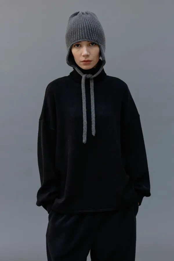 Ribbed Loose Turtle Neck T-Shirt (Black)