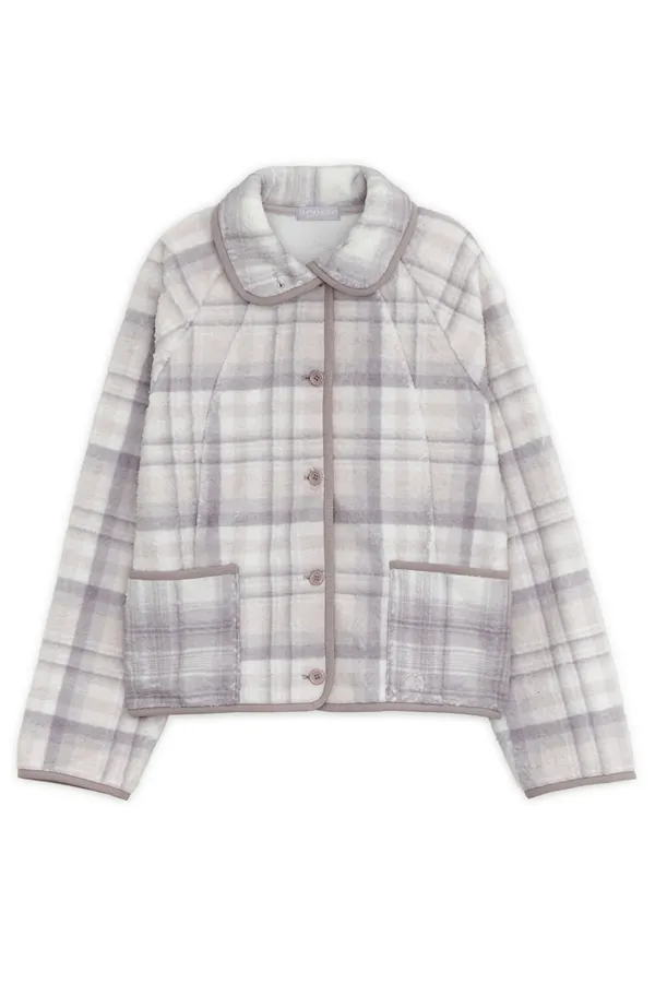 Round collar check fleece jacket (Pink gray)