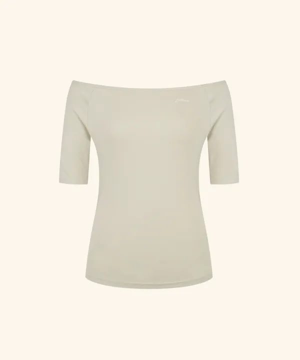 Letters Semi Off-Shoulder Elbow Sleeve T-Shirt (Sand Beige)