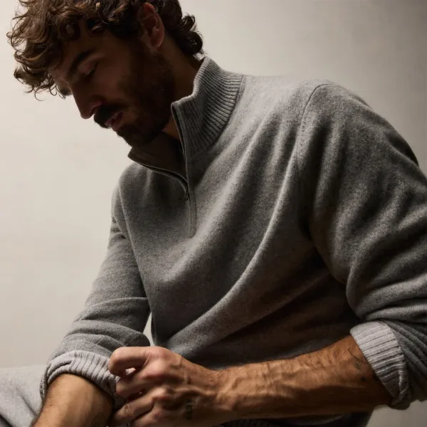 Half Zip Cashmere Funnel Neck - Heather Grey/Pearl