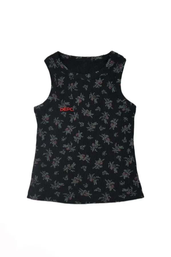 WAFFLE FLOWER SLEEVELESS TOP - BLACK