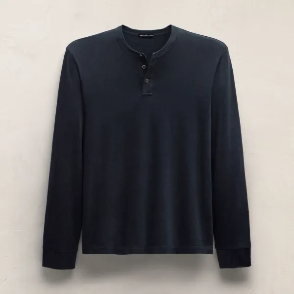 Cotton Cashmere Long Sleeve Henley - Blue Noir
