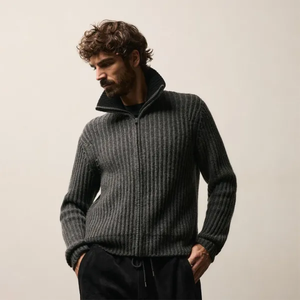 Heavy Rib Cashmere Zip Front Sweater - Anthracite/Black