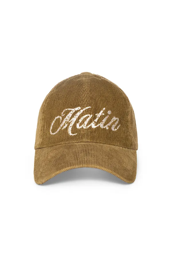 MATIN CRACKED SCRIPT CORDUROY BALL CAP IN KHAKI