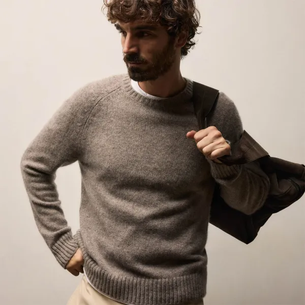 Lightweight Textured Cashmere Crew - Beige Melange