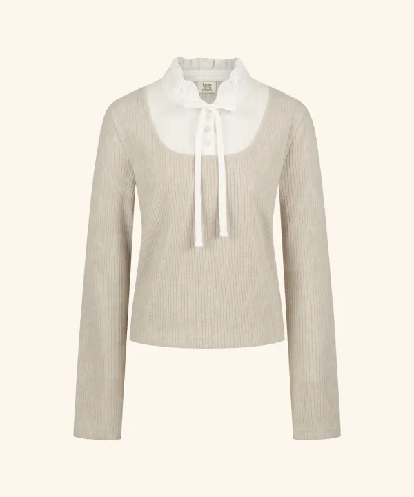 Lace Layered Ribbed Knit Top ( Beige )