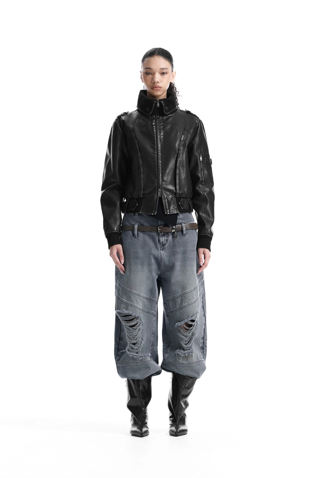 트리밍버드 High-Neck Leather Bomber Jacket [ Black ] 상품 이미지 2