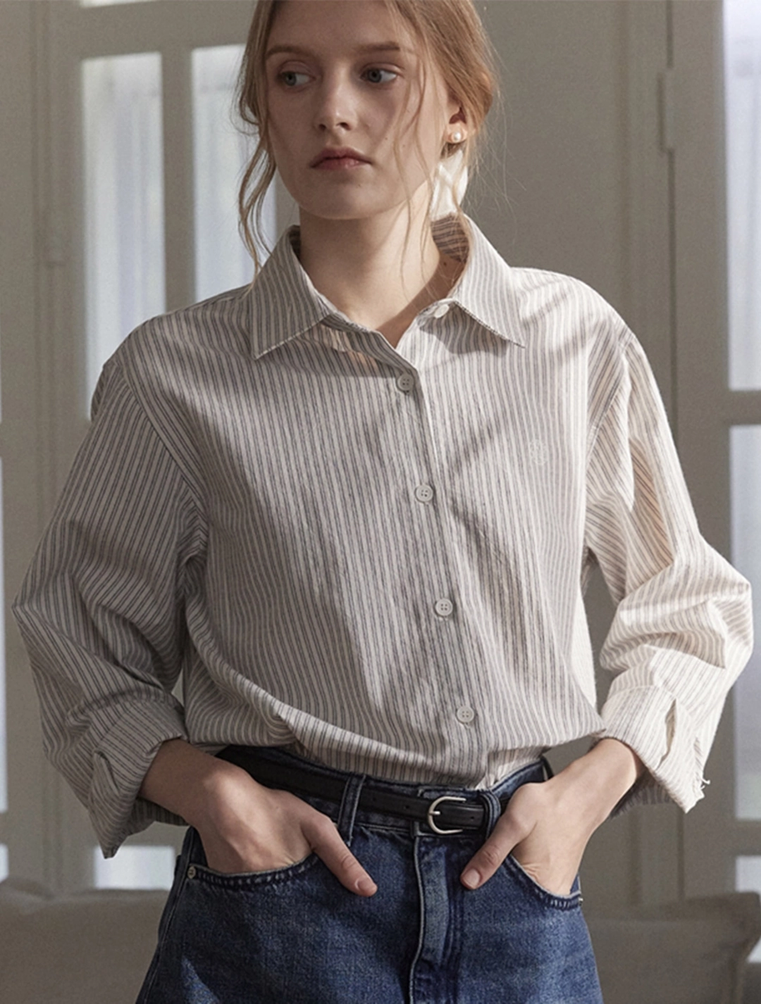 논로컬 Emblem Logo Stripe Shirt - Blue 상품 이미지 2