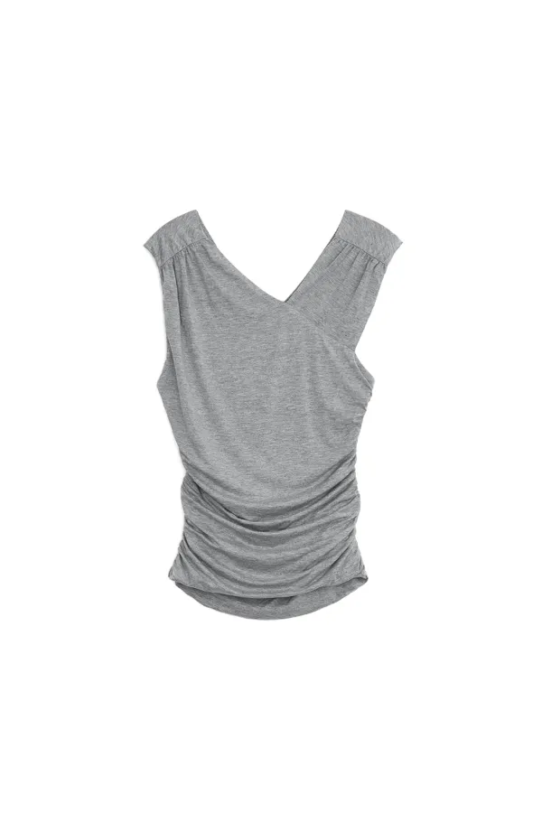 SHIRRING BACK CROSS SLEEVELESS TOP, MELANGE GRAY