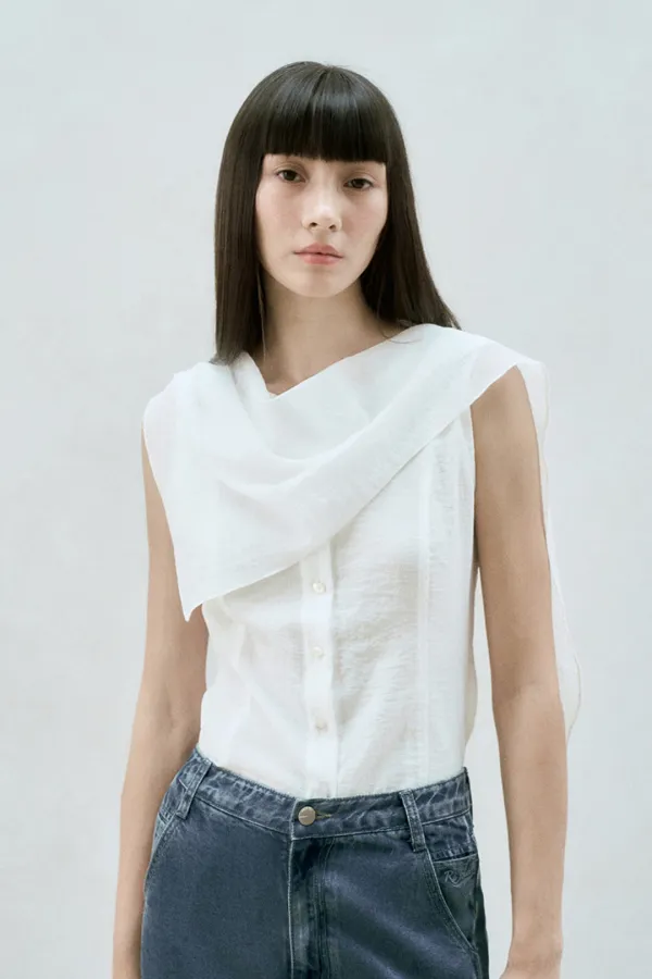 DRAPED SCARF SLEEVELESS BLOUSE WHITE