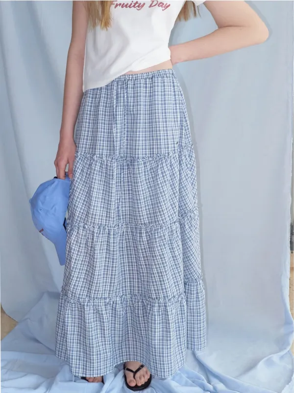 Check frill Tiered Skirt, Navy