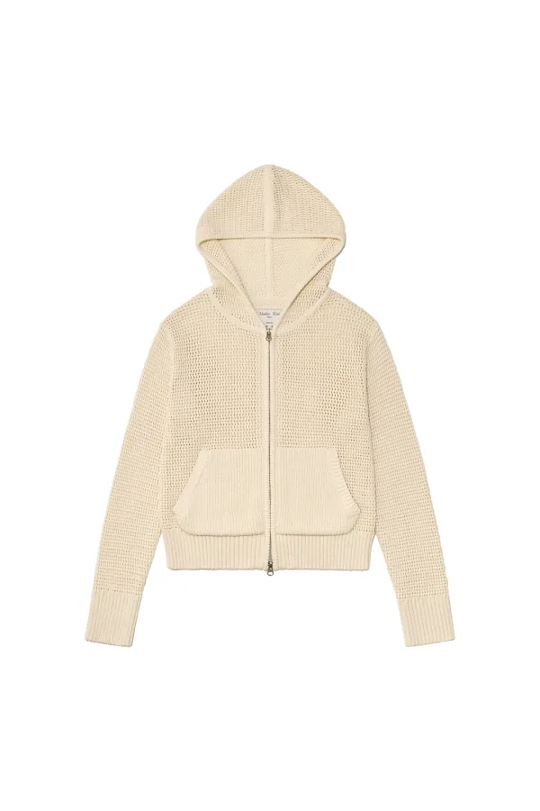 TWO TONE MESH KNIT HOODY ZIP UP IN IVORY