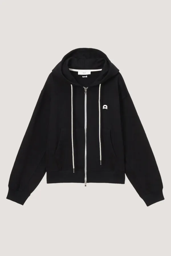 UNISEX LEATHER LOGO ZIP-UP HOODIE BLACK_UDTS6A108BK