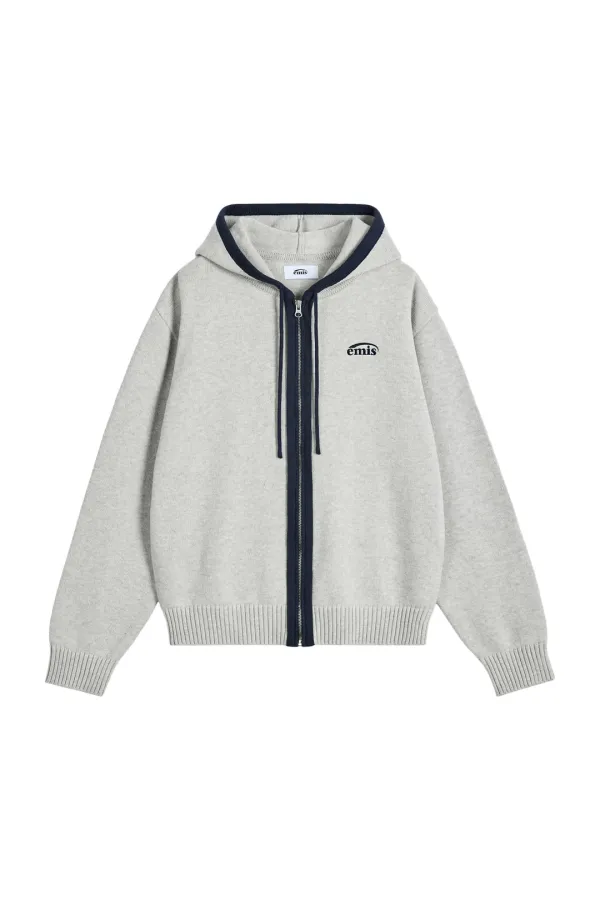 COLOR-BLOCK KNIT HOOD ZIP-UP-MELANGE GRAY