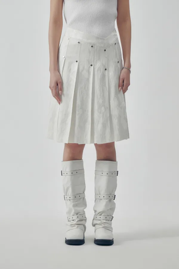 Marble Rivet Pleated Skirt [ Ivory ]