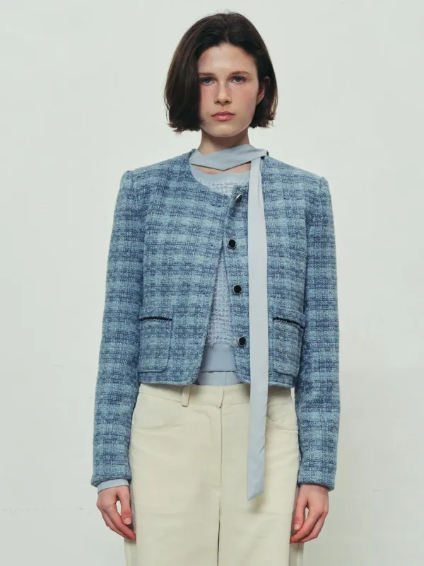 TWEED CROP JACKET - SKYBLUE