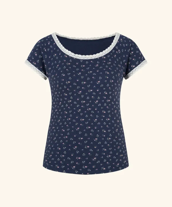 [6/19 순차배송] Mati Flower Lace T-Shirt (Navy)