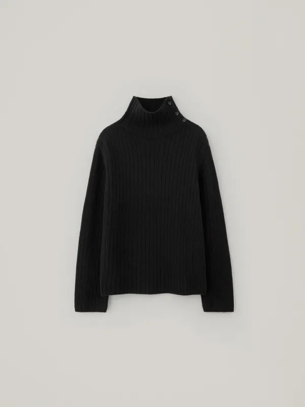 Button Turtleneck Wool Knit - Black