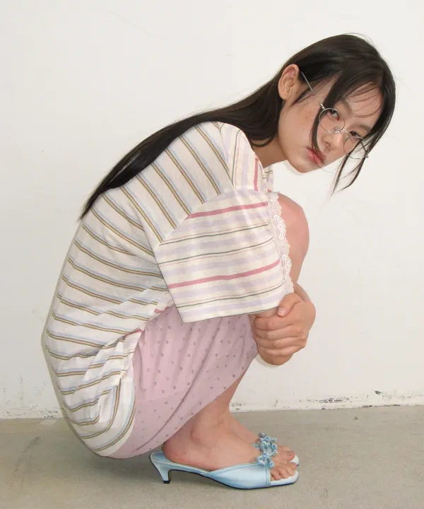 MIX STRIPE CONTRAST OVER FIT T SHIRT PINK PURPLE
