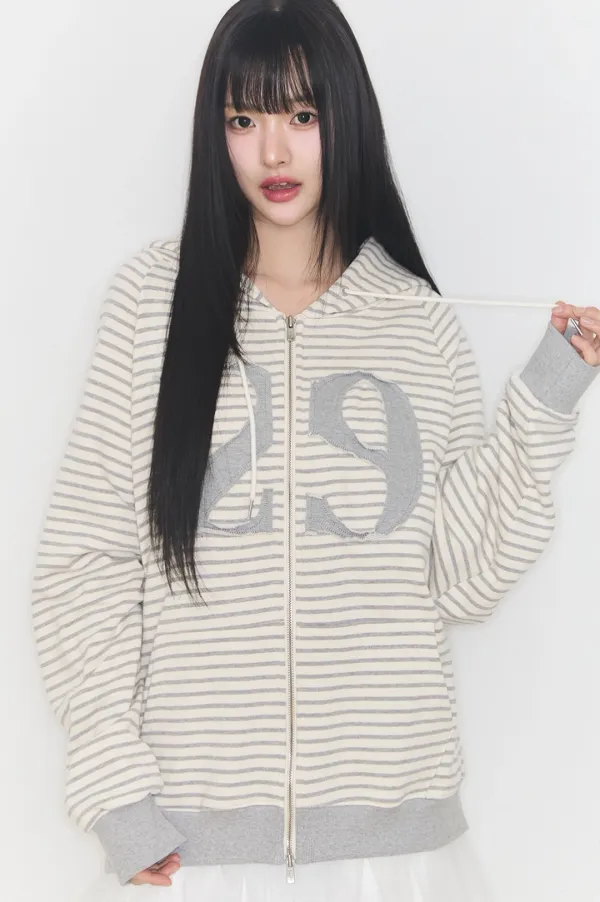 [M - 06/10 예약발송] 129 로고 패치 후드 집업 스트라이프 아이보리