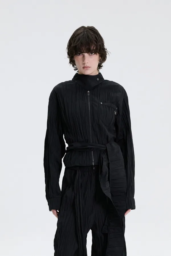 Crinkle Back Tie Set-up Shirt [ Black ]