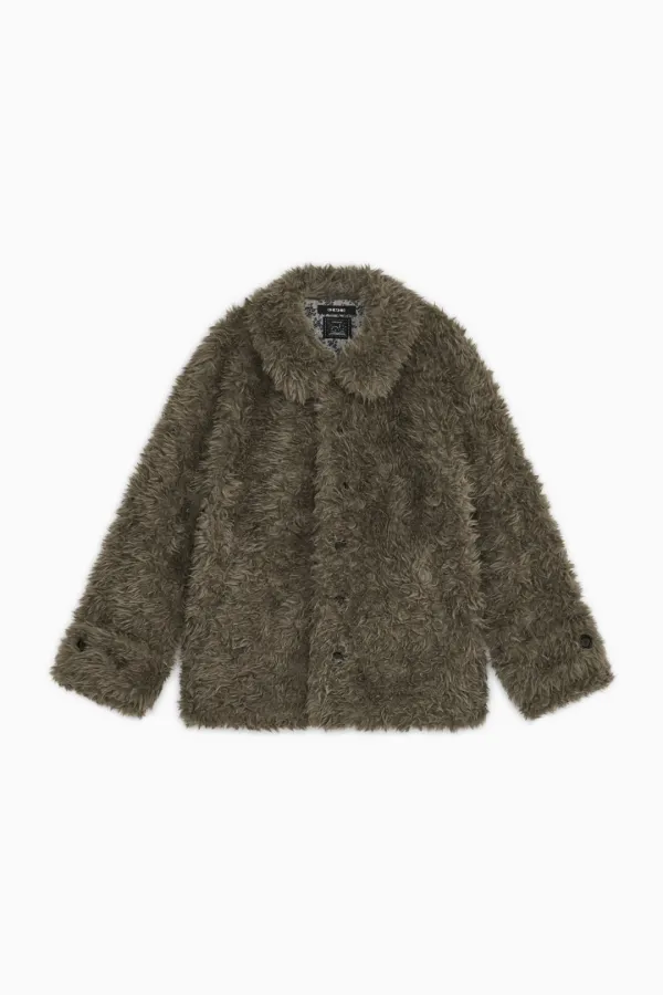 FLUFFY ROUND COLLAR FUR JACKET, BROWN - OHESHIO
