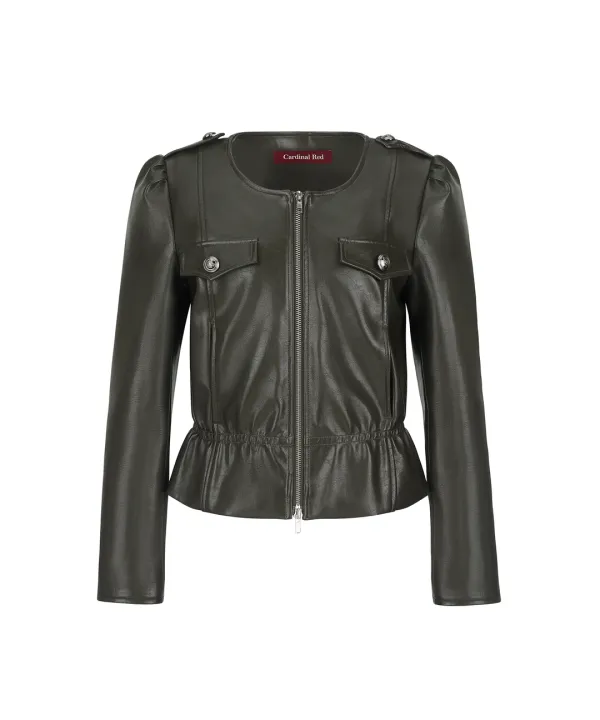 Shirring leather jacket khaki