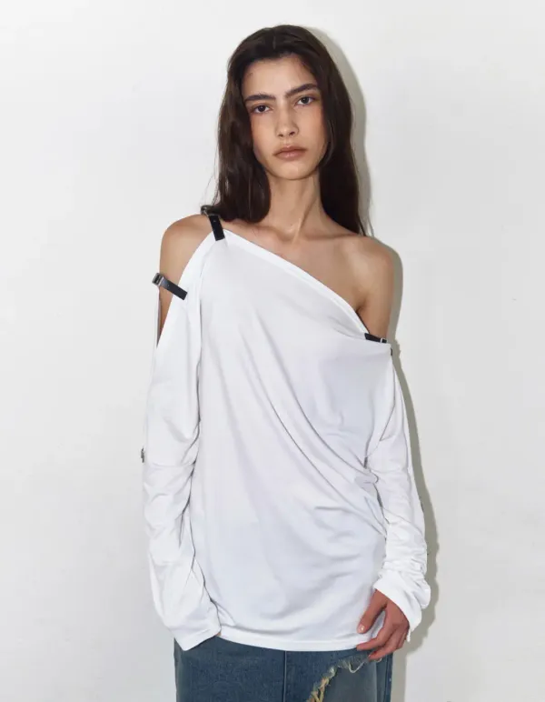 BUCKLE OFF-SHOULDER JERSEY TOP, WHITE