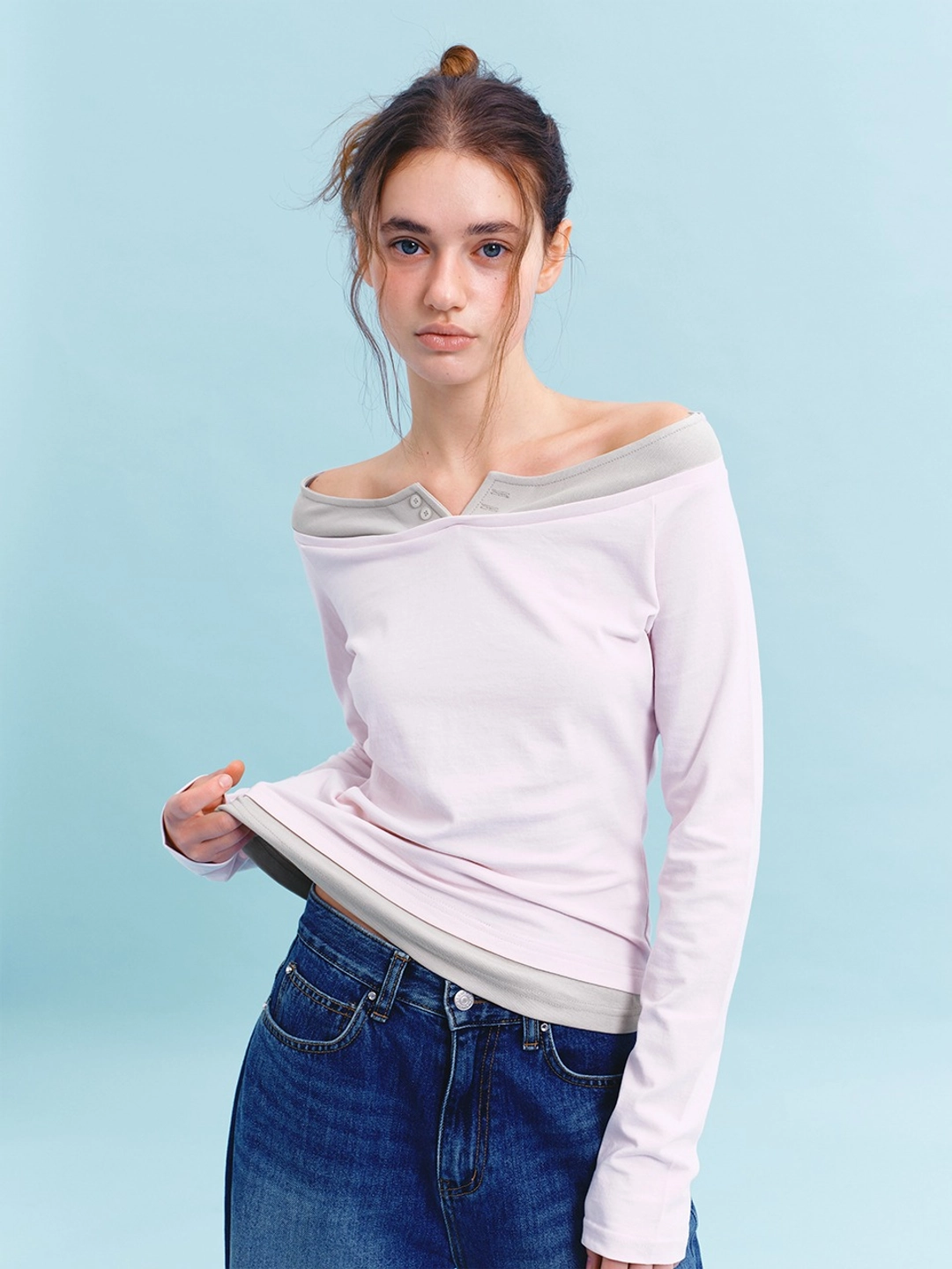 마가린핑거스 OFF-SHOULDER LAYERED T-SHIRT  (LIGHT PINK) 상품 이미지 2