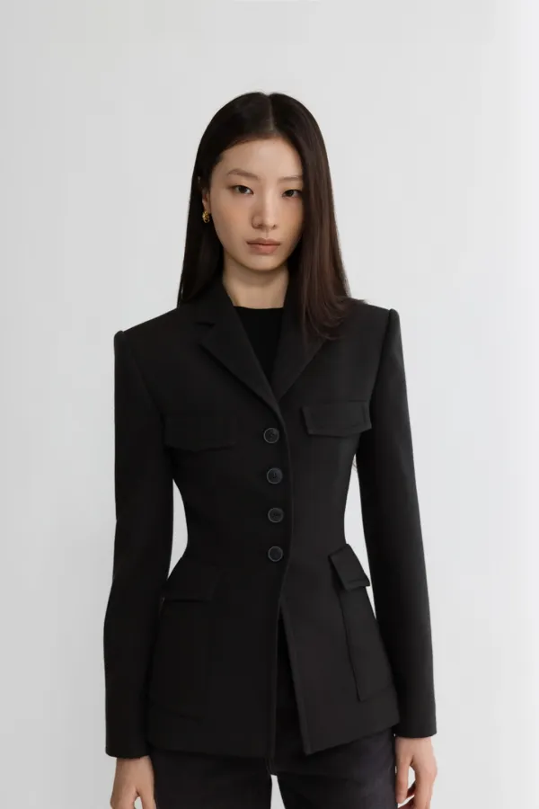 COTTON LINEN SLIM LINE JACKET - BLACK