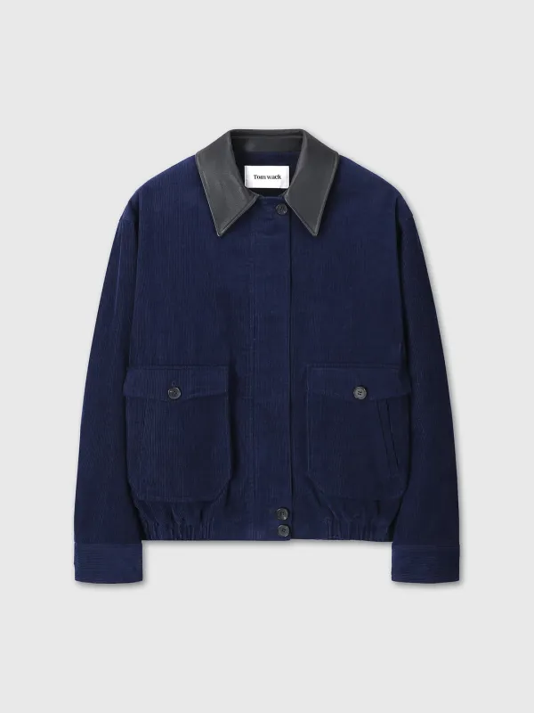 (W) LEATHER COLLAR CORDUROY BOMBER JACKET_ MIDNIGHT BLUE