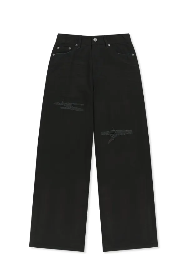 DISTRESSED HERRINGBONE WIDE PANTS IN BLACK