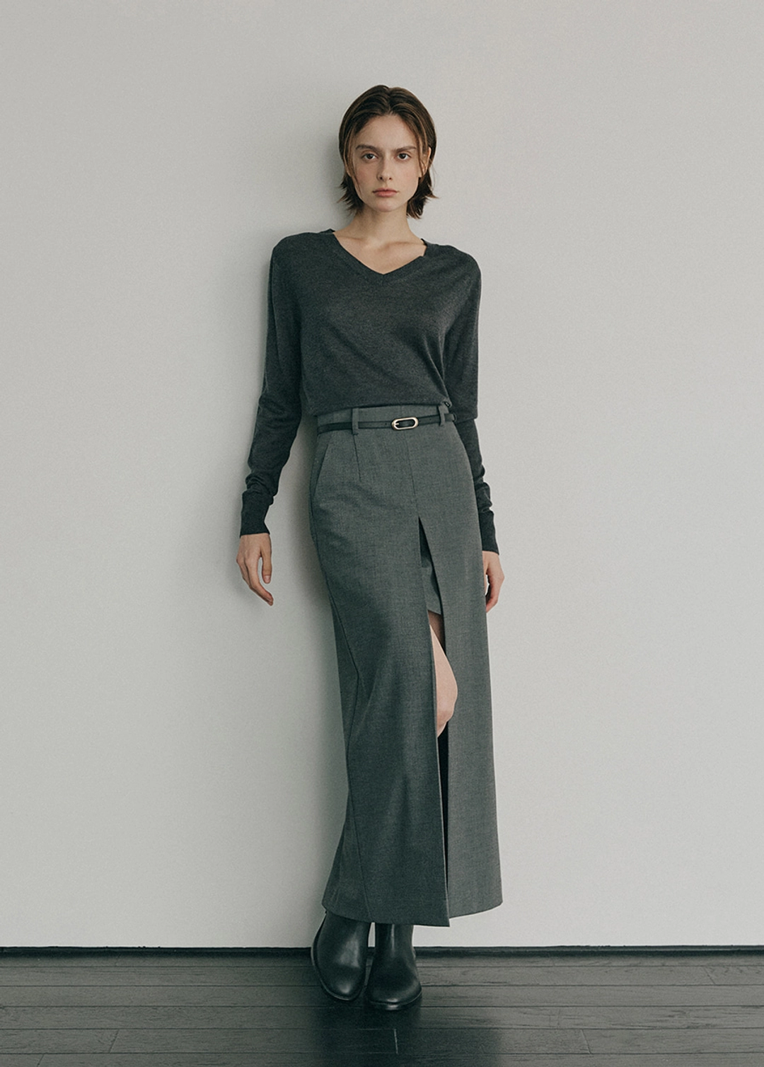 칙스라벨 CHIXLABEL H 레이어 슬릿 롱 스커트 - Gray 상품 이미지 2