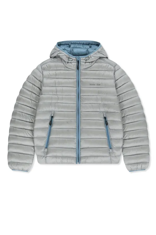 CONTRAST TRIM LIGHT DOWN HOODY JUMPER IN LIGHT GREY