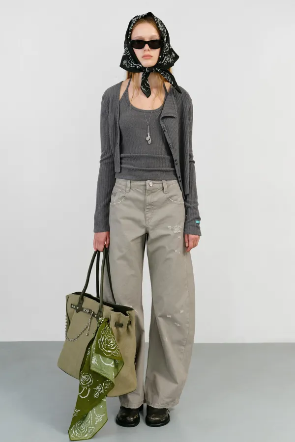 RIB HALTER CARDIGAN SET UP - CHARCOAL