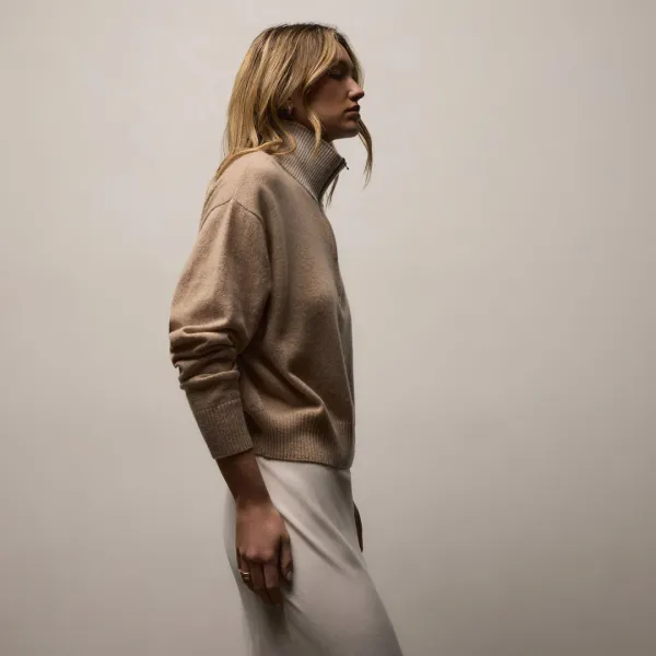 Italian Spun Cashmere Half Zip - Soft Beige/Stucco