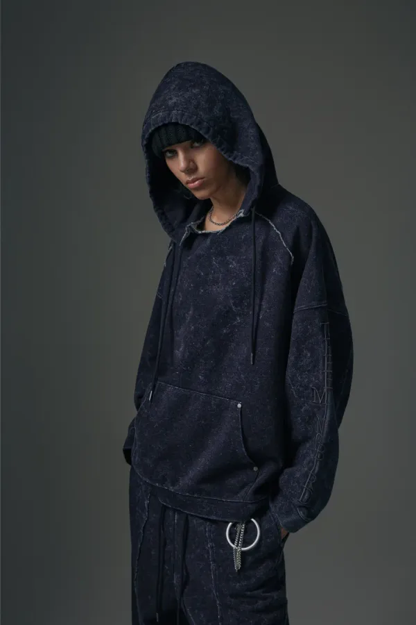 Stone Washing Vertical Logo Sweat Hoodie [ Blue ]