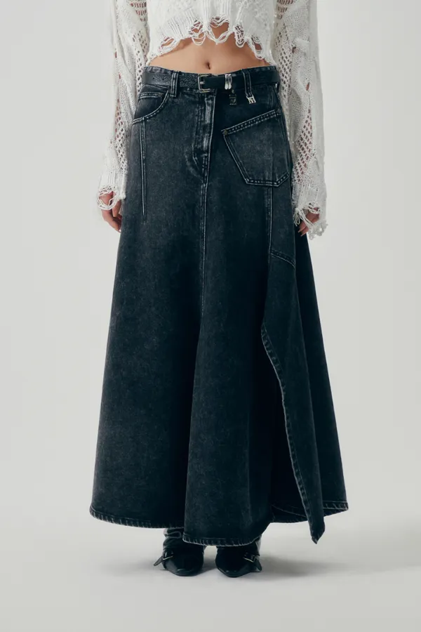 Panel Line Denim Flare Skirt [ Black ]